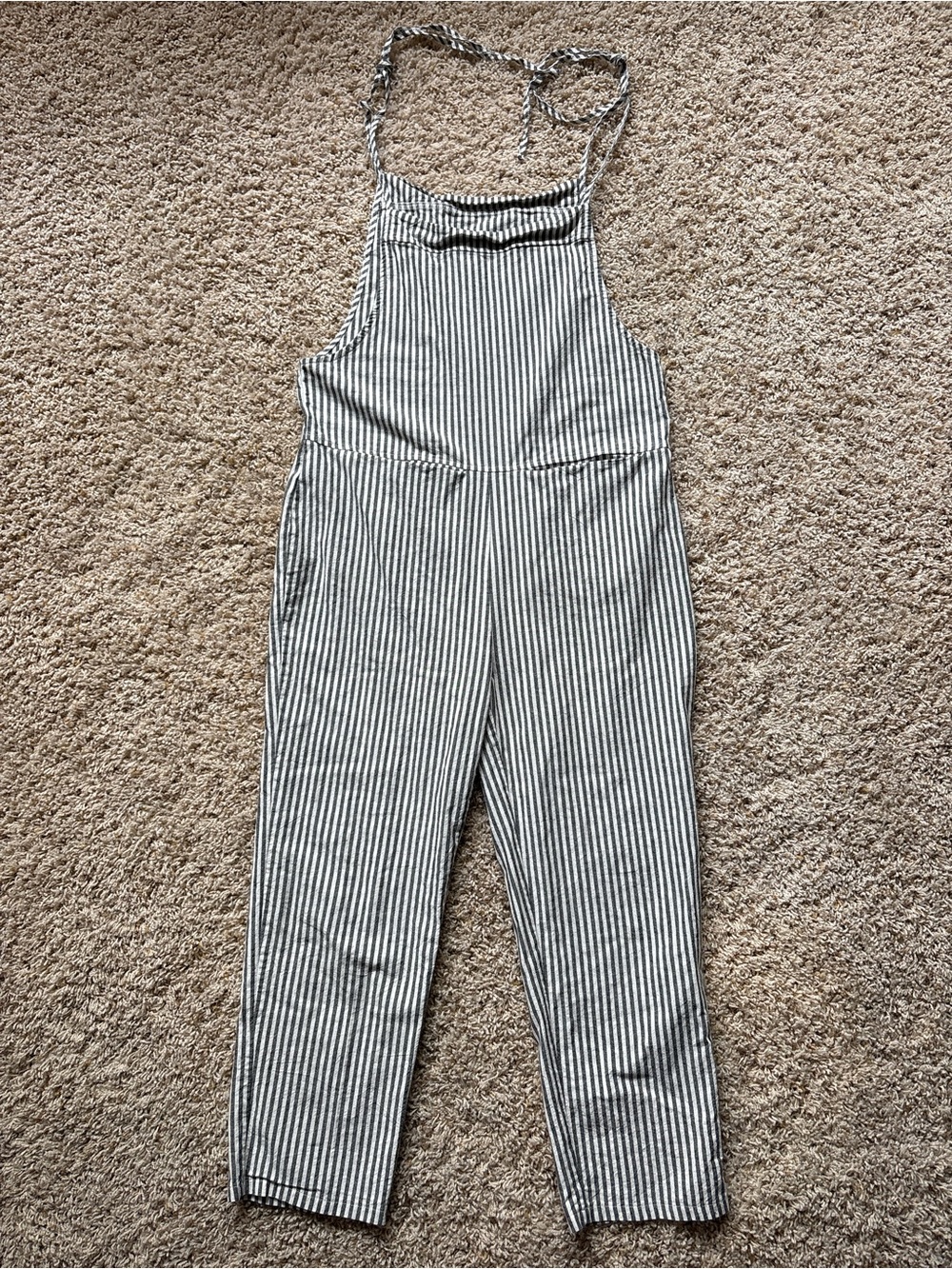 Linen Striped Women's Jumpsuit Overalls with Front Pockets & Adjustable Straps